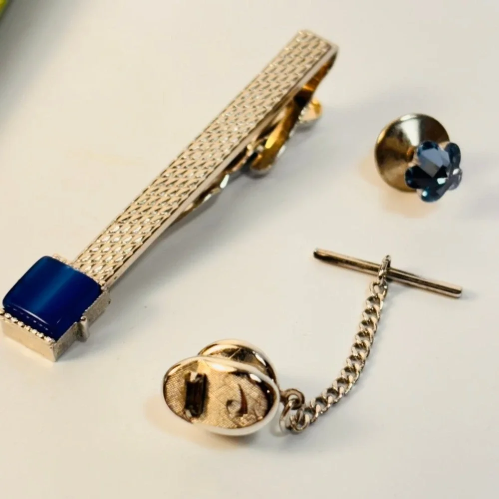 Vintage Swank Tie Clip Lapel Pin Set Blue Silver Tone Mesh Eclectic Dapper Goth